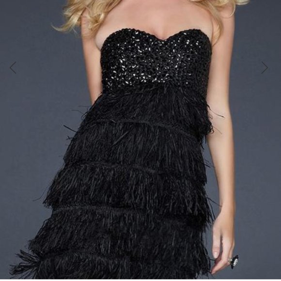 La Femme | Dresses | Nwot La Femme Black Feathery Fringe Prom Formal | Poshmark